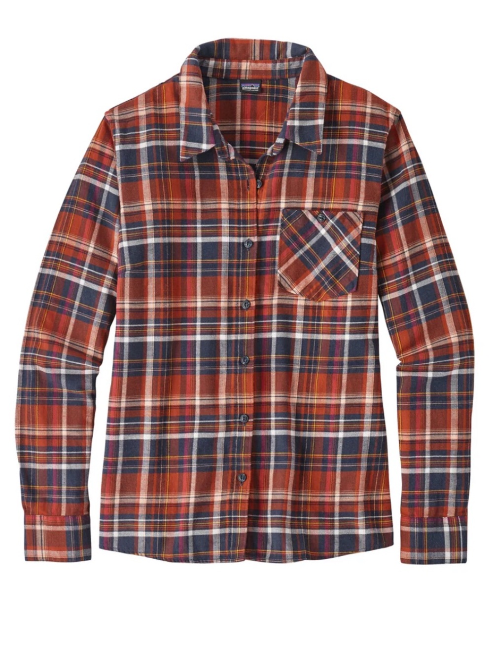 Patagonia Heywood Flannel Shirt, Button Down, Orange/Navy Plaid - Womens 8